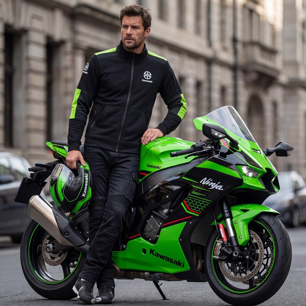 Kawasaki Erkek Fermuarlı Ceket Polar Siyah/Yeşil