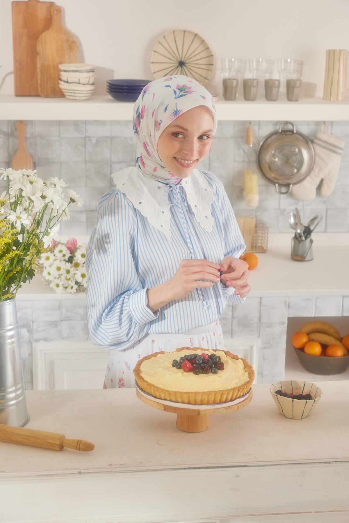 POLEN DESEN PAMUK İPEK EŞARP İNDİGO