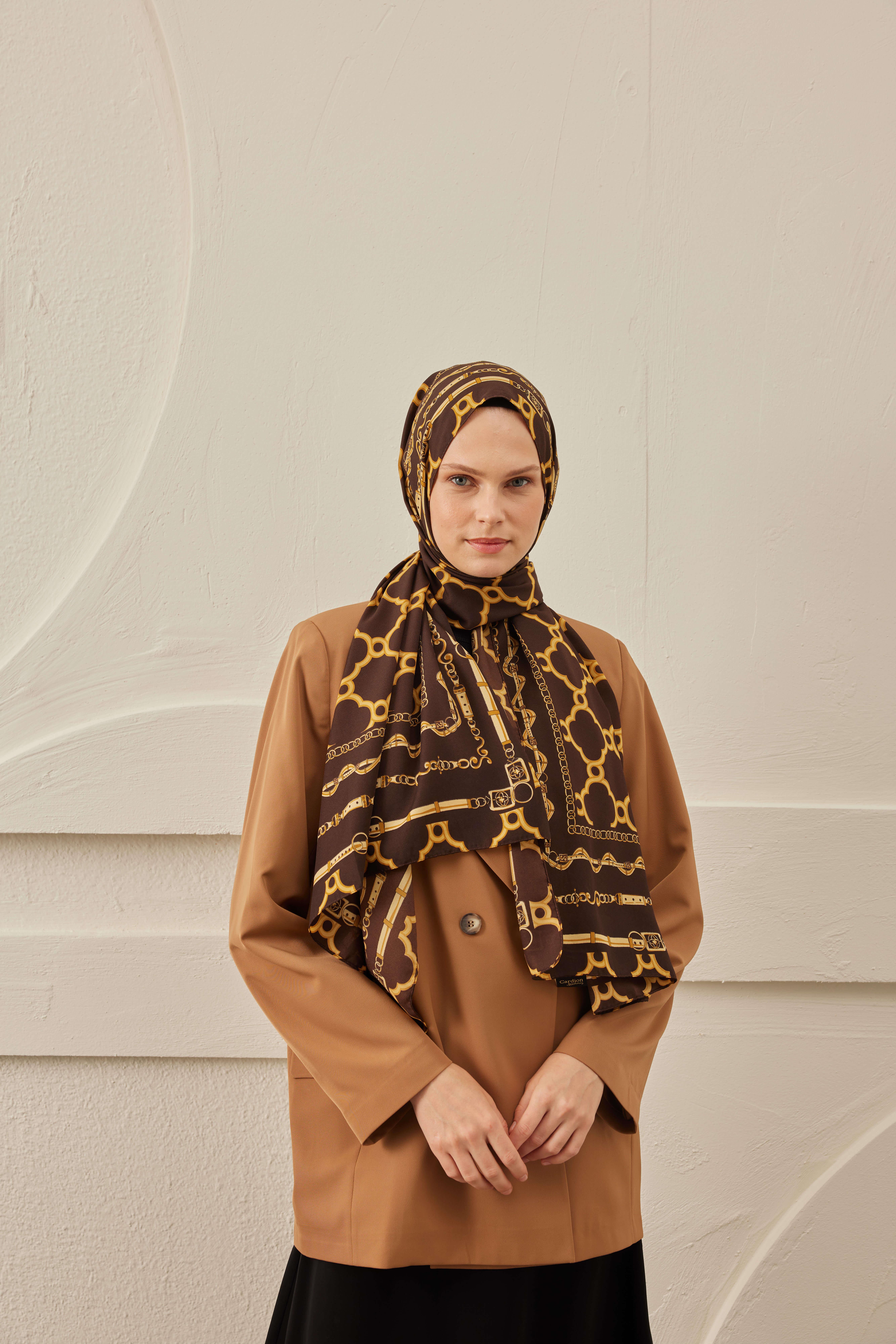 ZİNCİR DESENLİ DİJİ MEDİNE ŞAL KAHVERENGİ