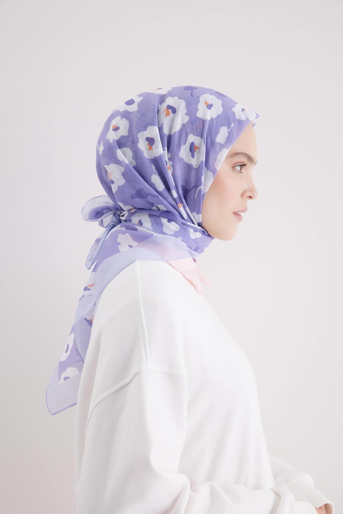 ÇİÇEK DESEN PAMUK İPEK EŞARP LİLA
