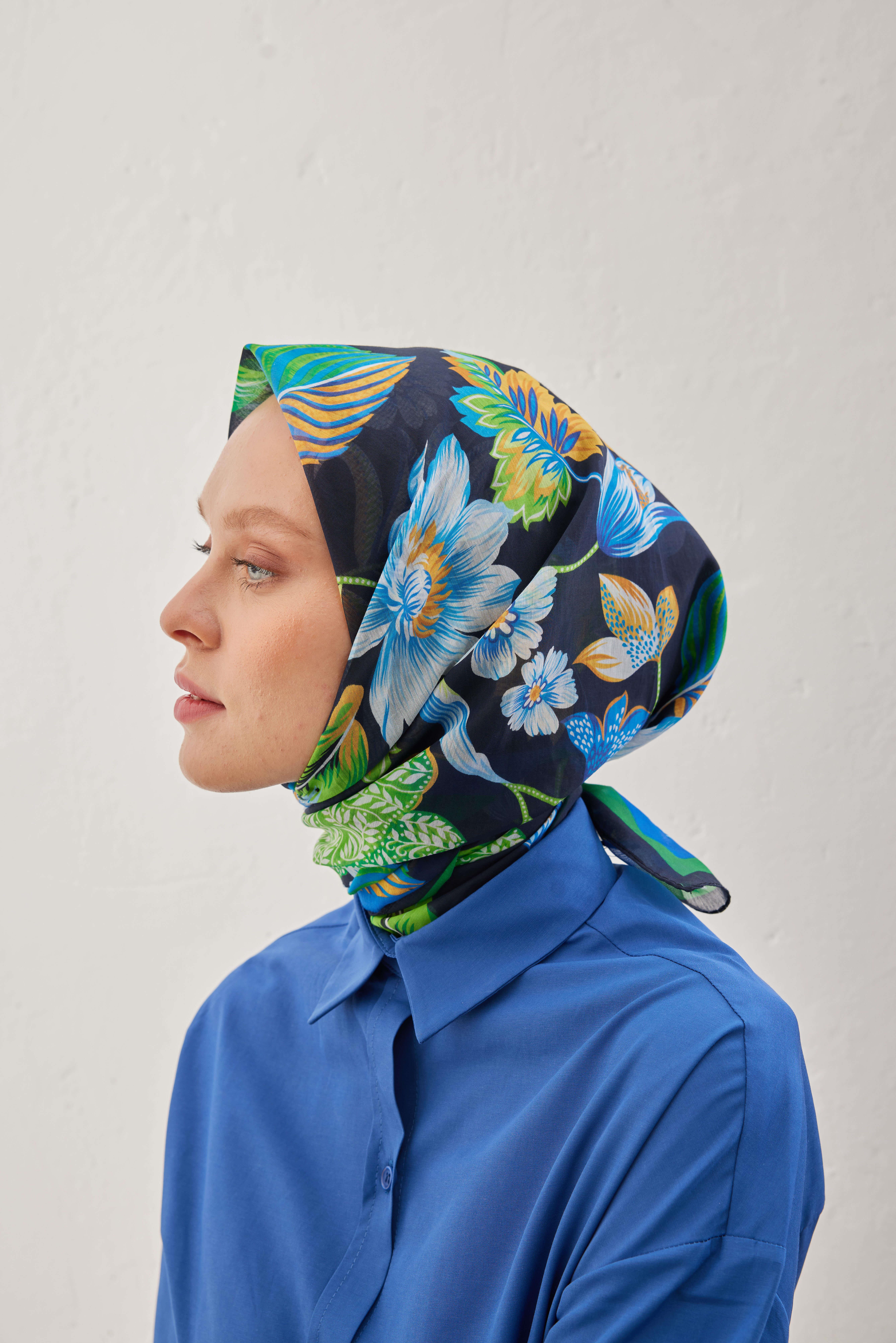 FLOWER DESEN PAMUK İPEK EŞARP İNDİGO