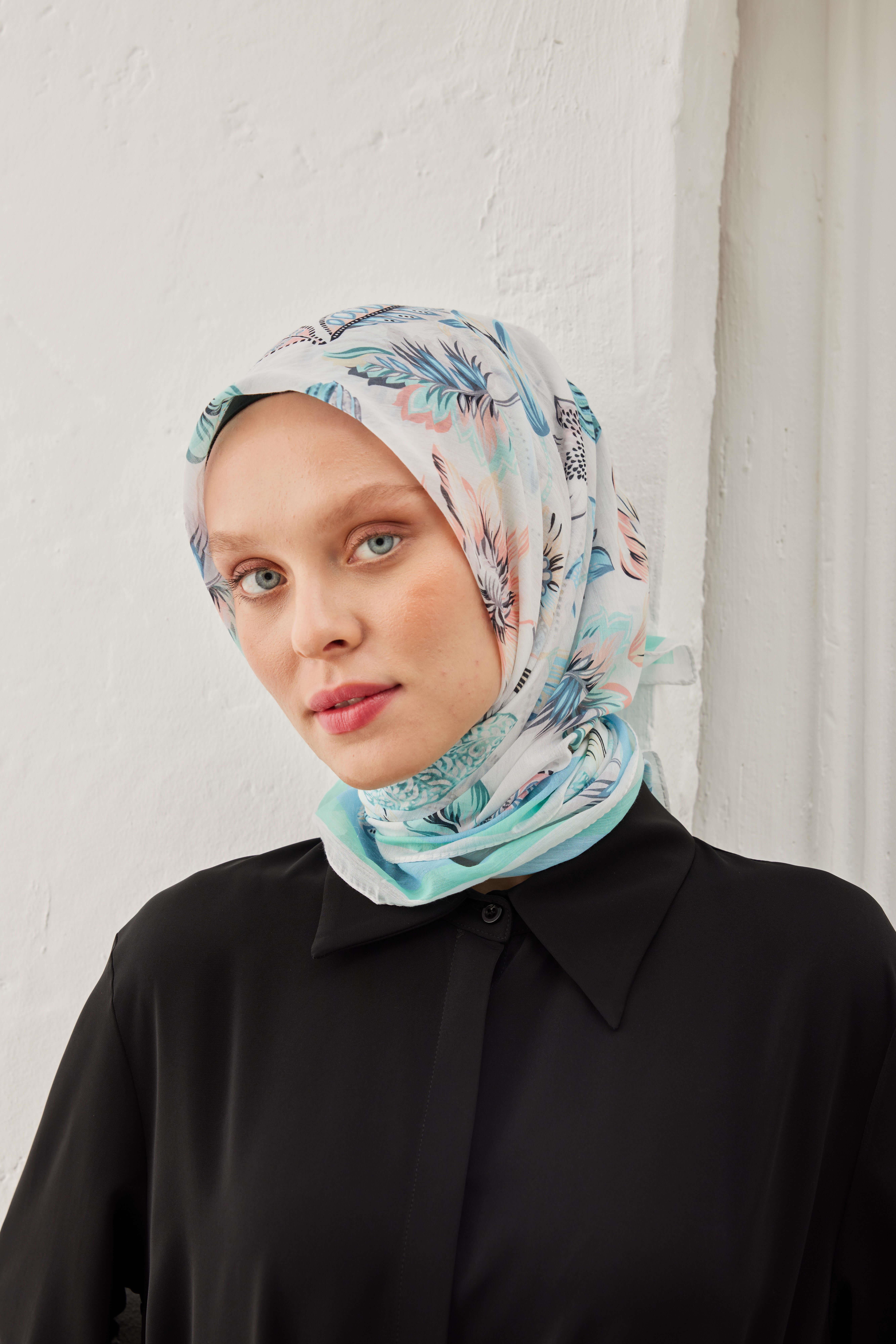 FLOWER DESEN PAMUK İPEK EŞARP MAVİ