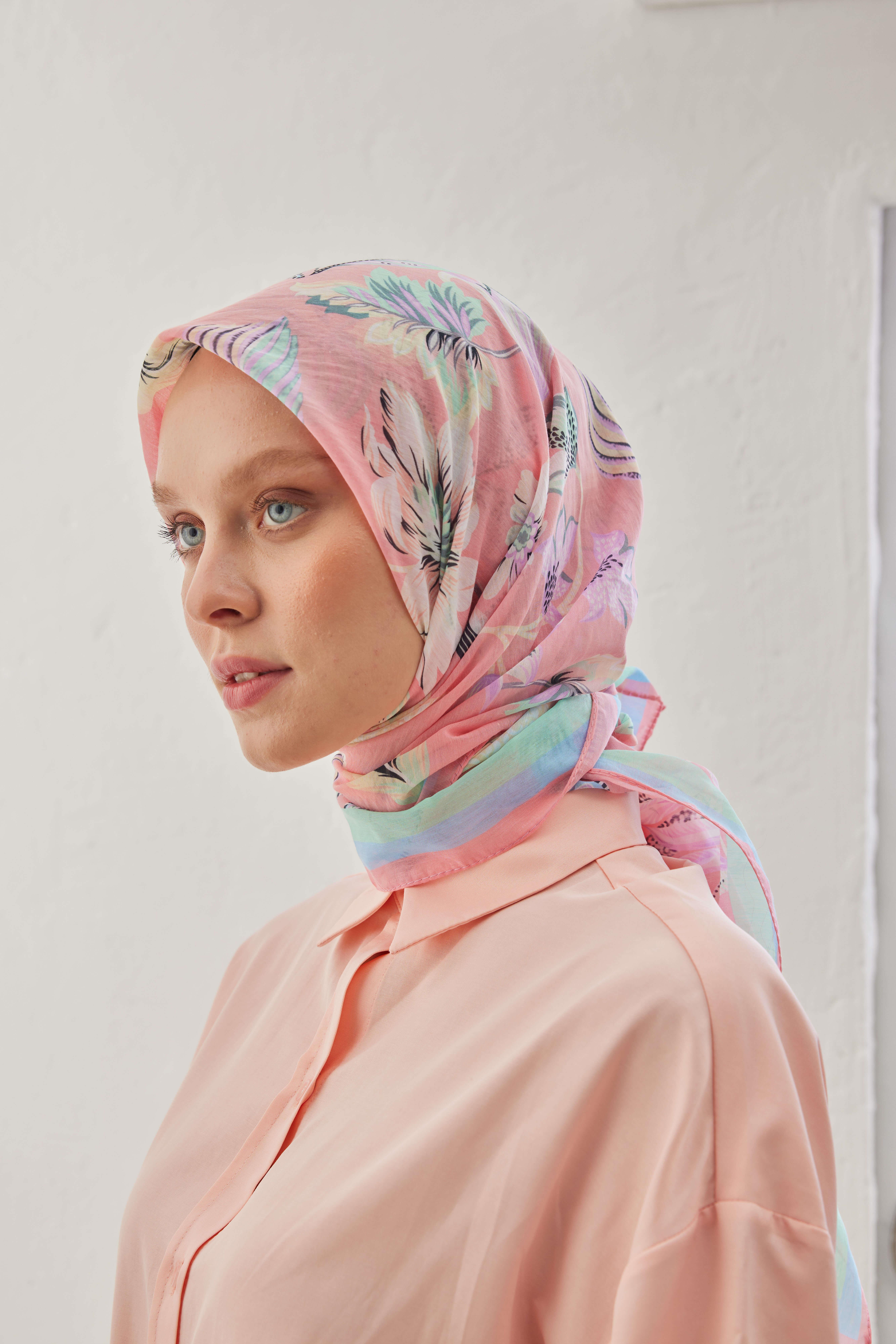 FLOWER DESEN PAMUK İPEK EŞARP PEMBE