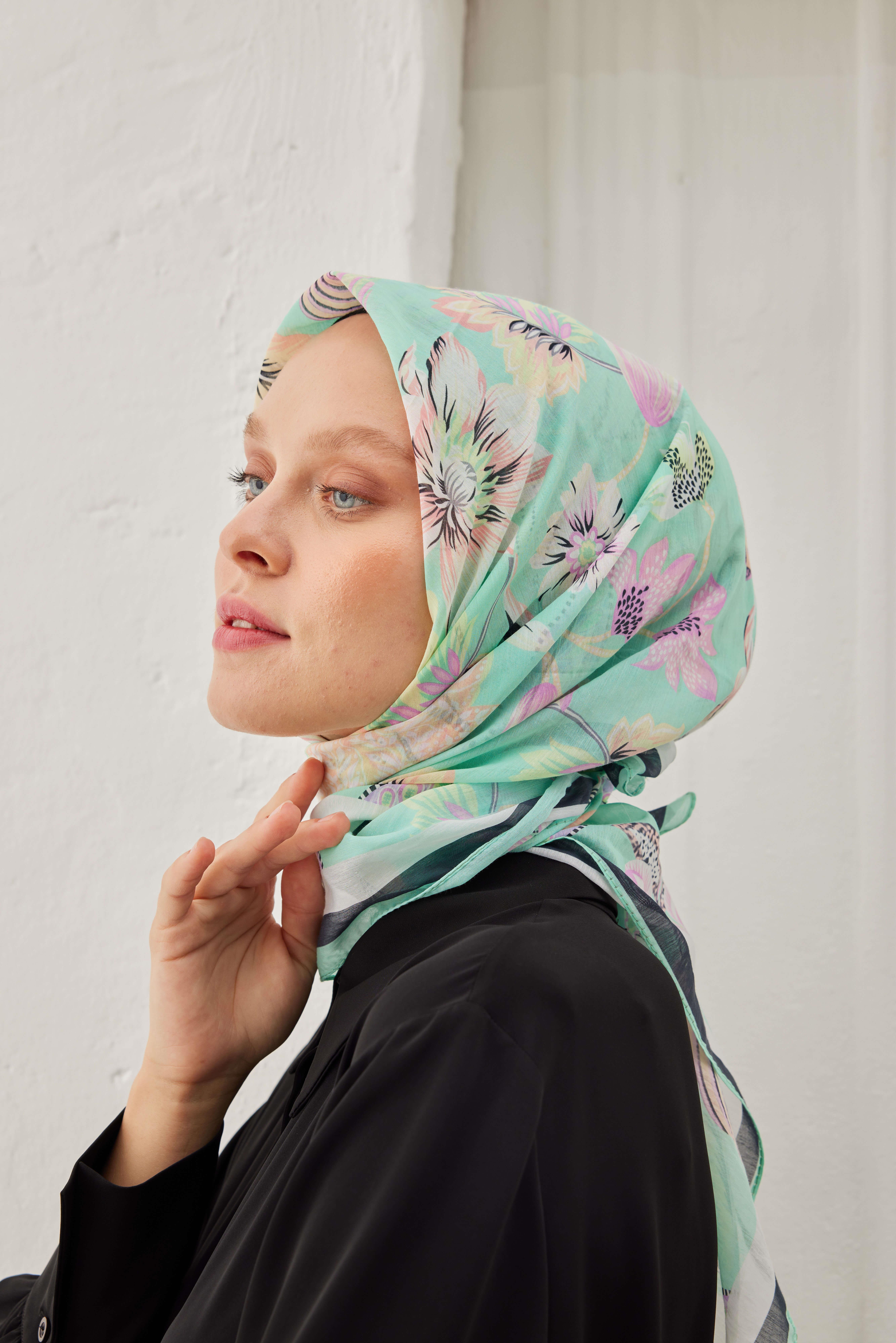 FLOWER DESEN PAMUK İPEK EŞARP SU YEŞİLİ