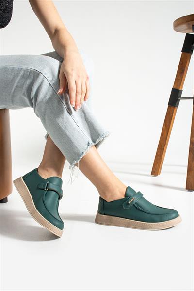 Petrol Yeşili Rosse Toka Detaylı Deri Kadın Loafer Ayakkabı