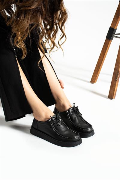 Siyah Deri Kadın Loafer Ayakkabı