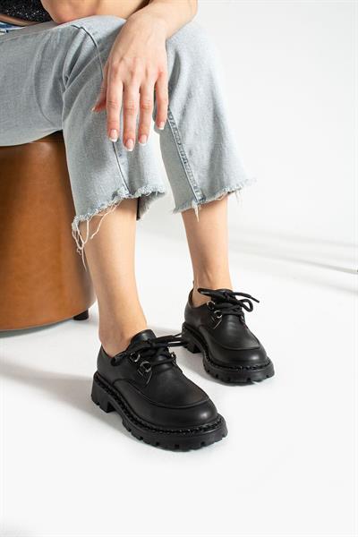 Siyah Lina Hakiki Deri Kadın Loafer Ayakkabı