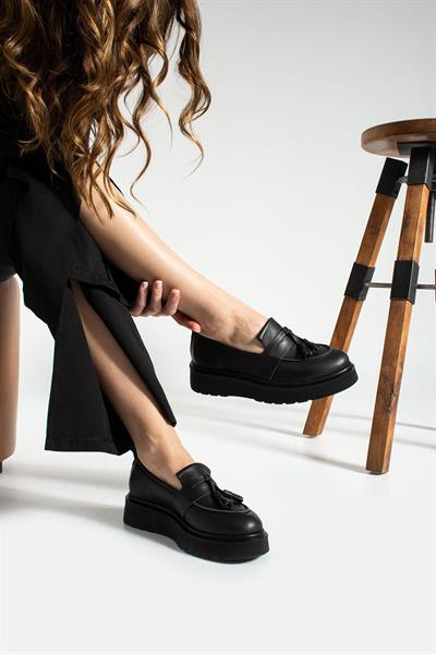 Siyah Miche Hakiki Deri Kadın Loafer Ayakkabı