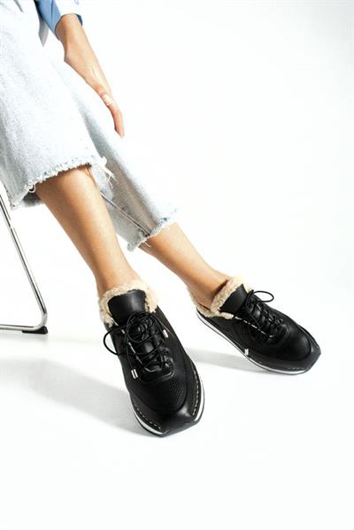 Siyah Mila Hakiki Deri İçi Peluşlu Kadın Günlük Ayakkabı