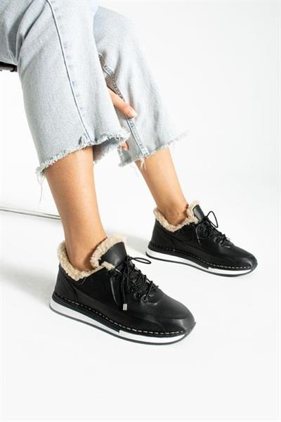Siyah Mila Hakiki Deri İçi Peluşlu Kadın Günlük Ayakkabı