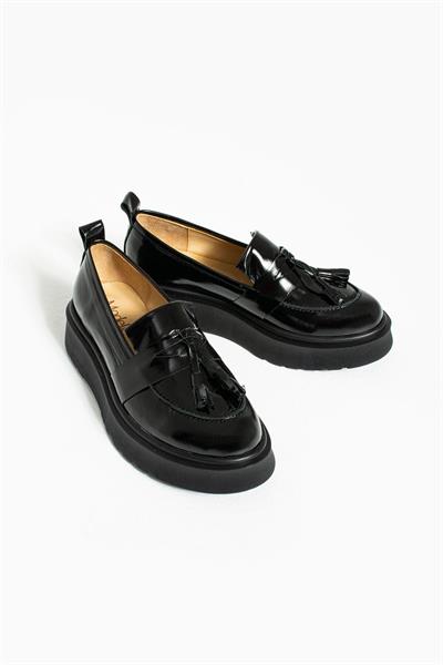 Siyah Rugan Miche Hakiki Deri Kadın Loafer Ayakkabı
