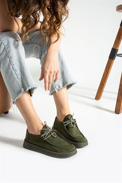 Yeşil Riva Bağcıklı Hakiki Deri Kadın Loafer Ayakkabı