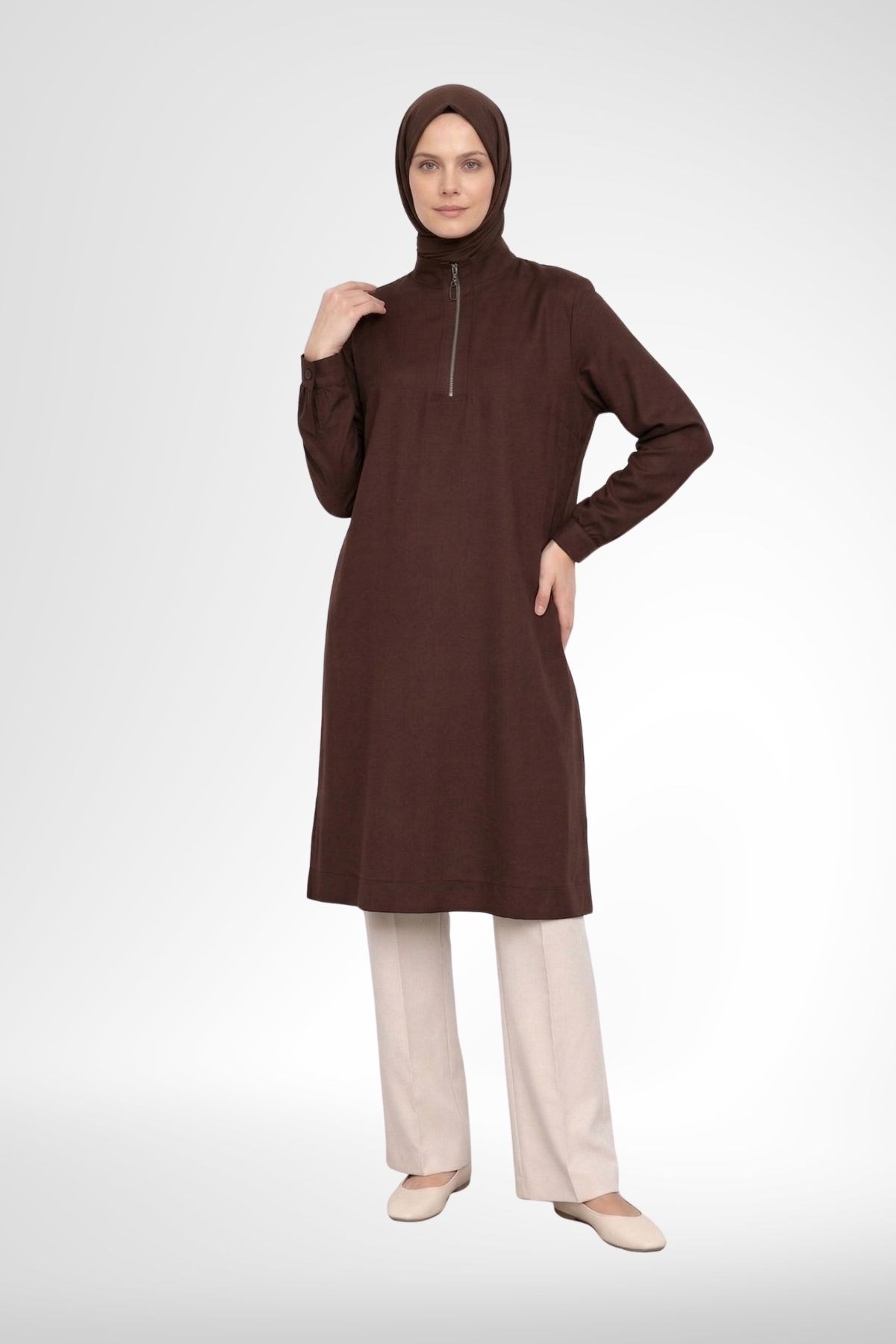 Armine Trend 26YT446 Yarım Fermuar Detay Büyük Beden Tunik Kahverengi