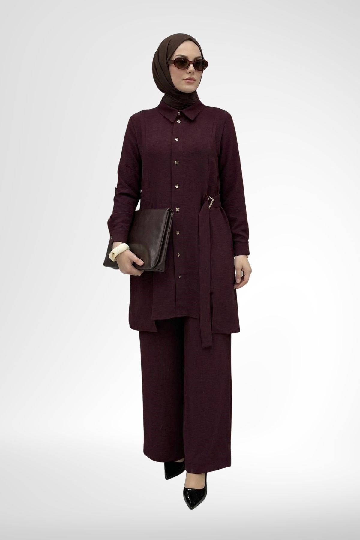 Armine Trend Kemer Detay Bol Paça Pantolonlu Takım Mürdüm 26YT609