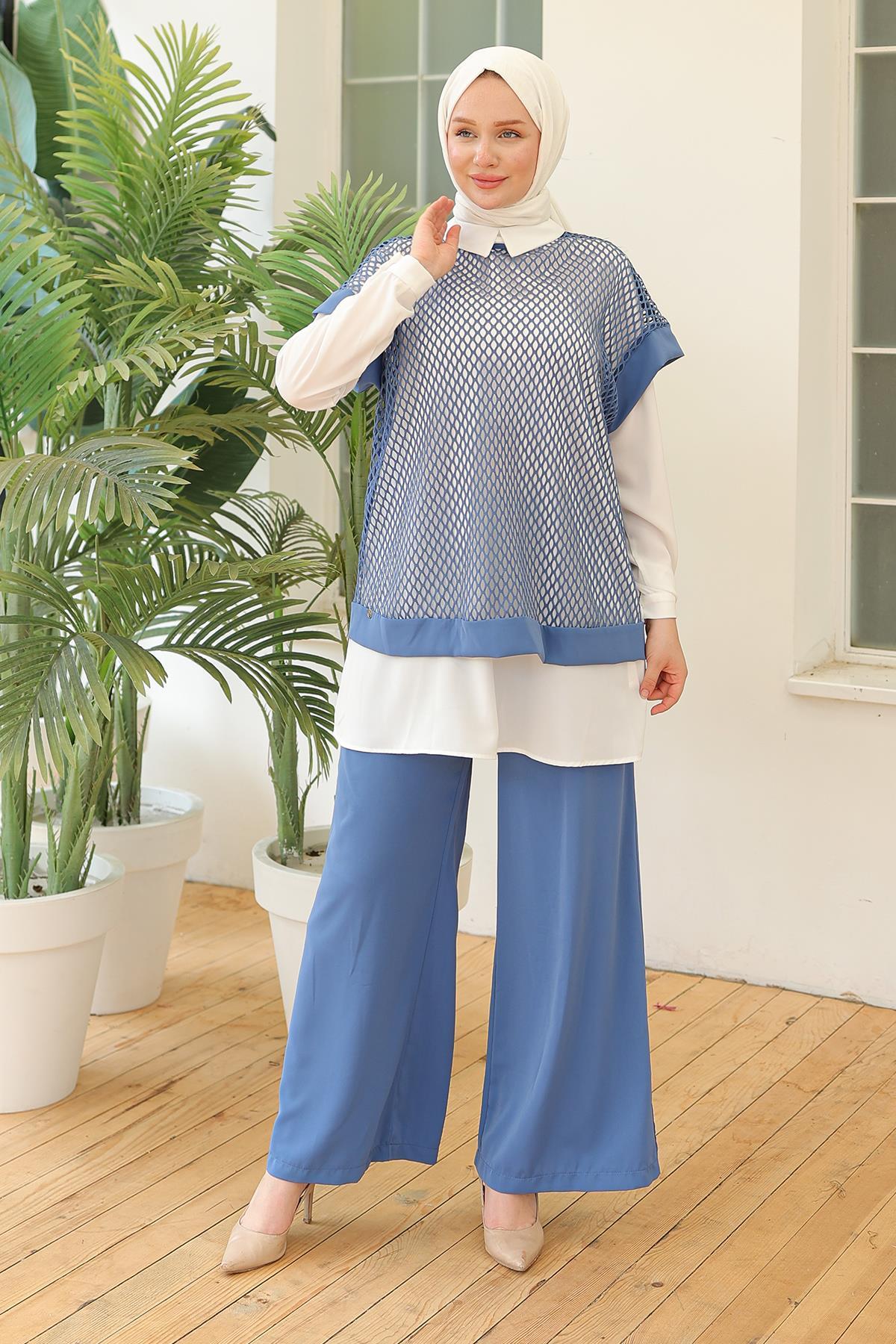 ARMİNE TREND Beli Lastikli Pantolonlu Basic Gömlekli Fileli Üçlü Takım İndigo 24YT633