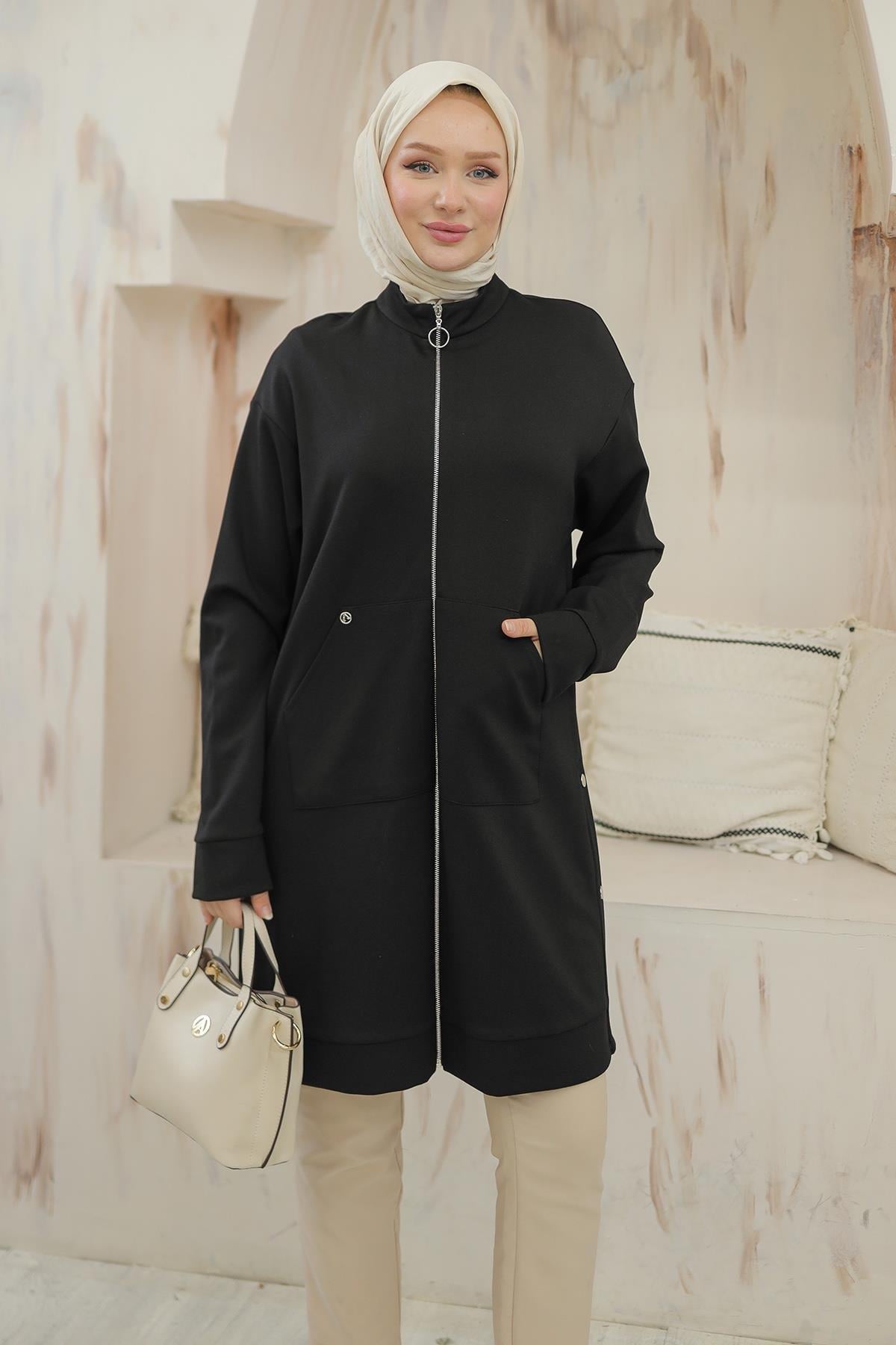 ARMİNE TREND Boydan Fermuarlı Cepli Tunik Siyah 24KT410