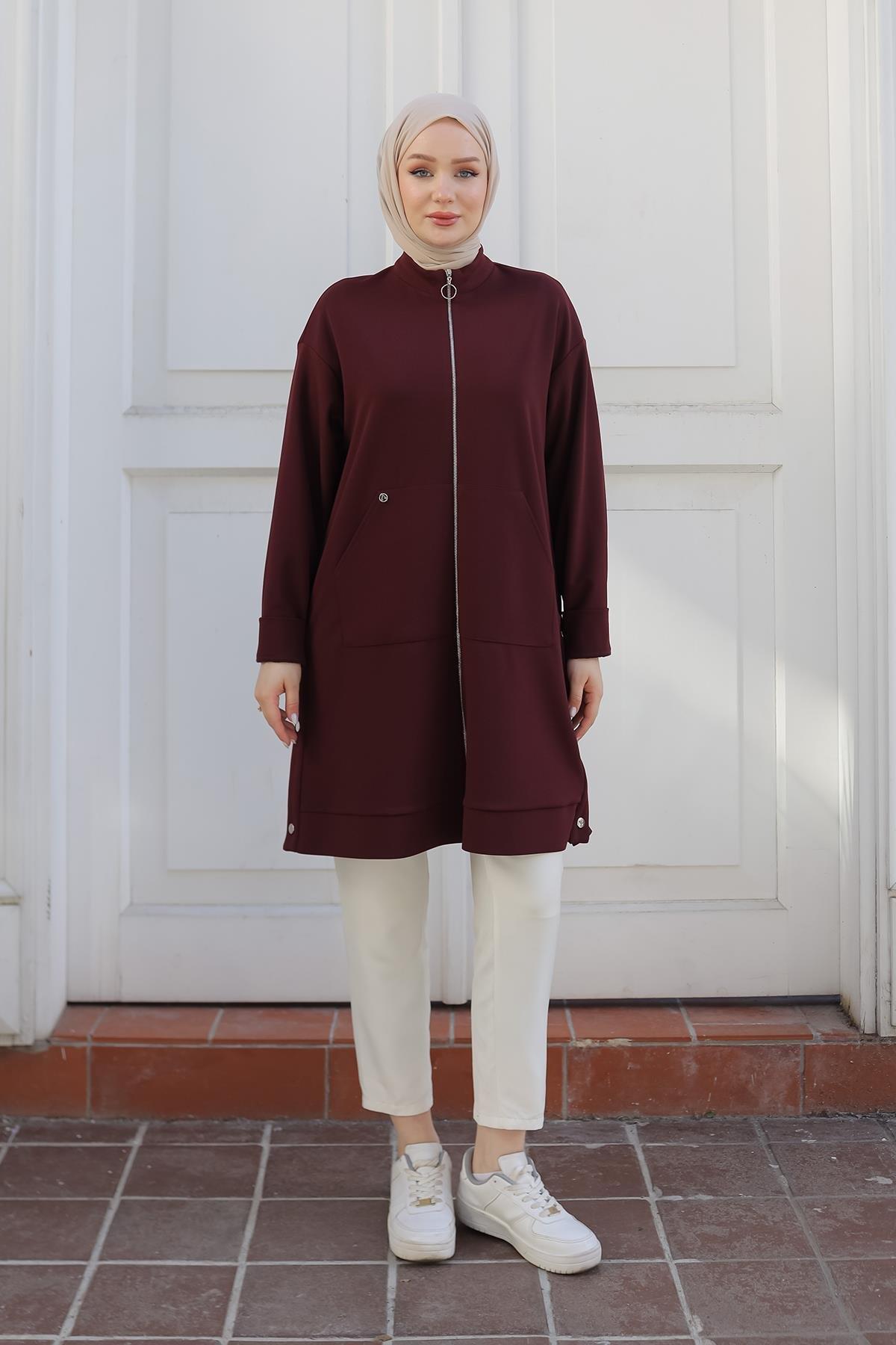 ARMİNE TREND Boydan Fermuarlı Cepli Tunik Bordo 24KT410