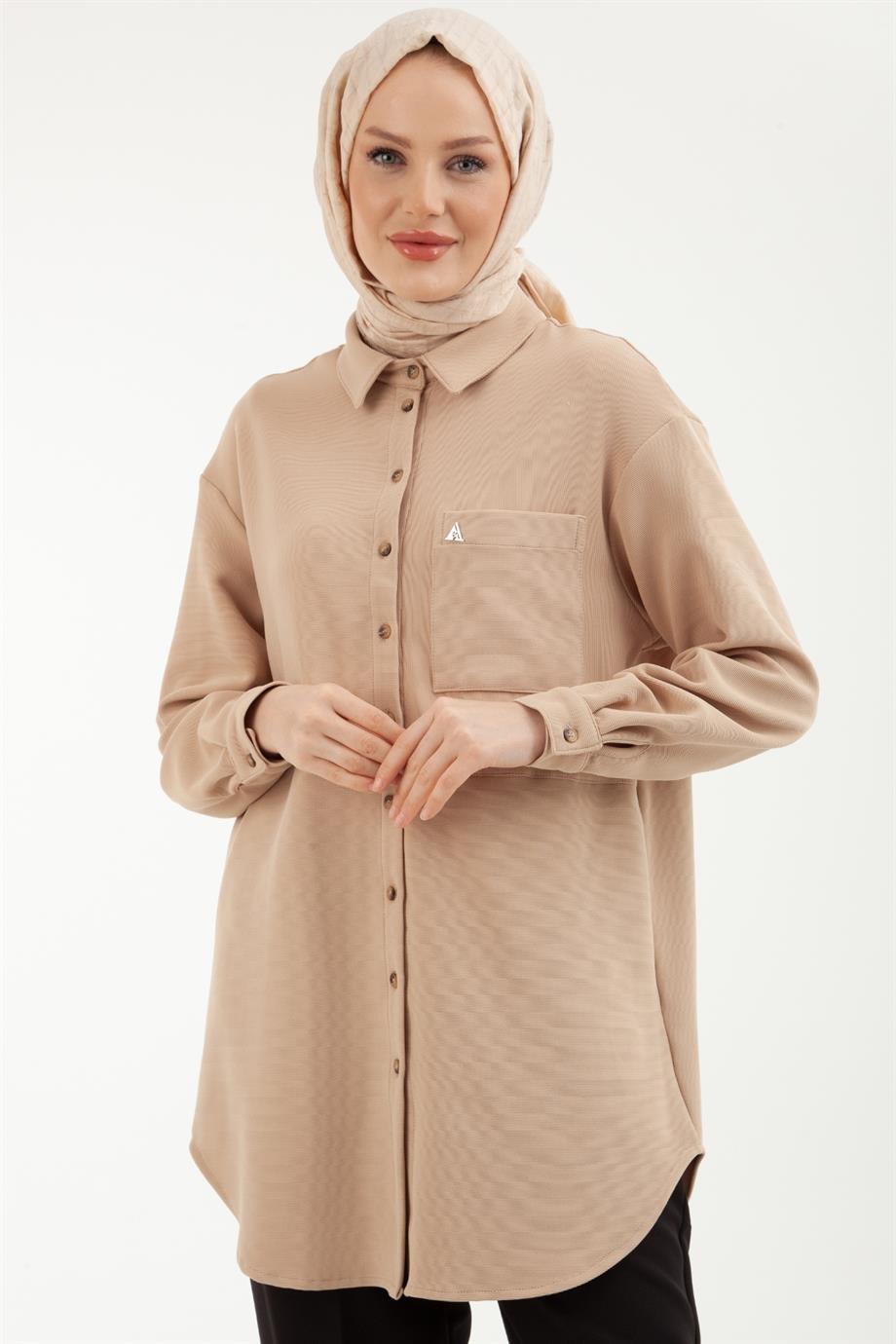 ARMİNE TREND Cep Detaylı Asimetrik Kesim Gömlek-Camel 23YT439