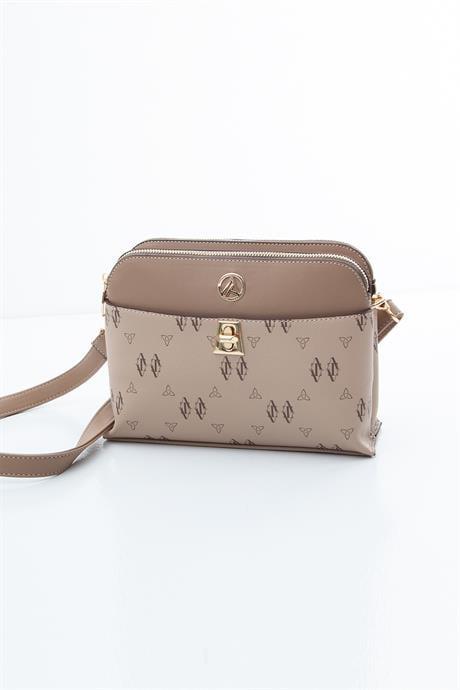 ARMİNE TREND Çift Fermuarlı Kilit Detaylı El ve Omuz Çantası Vizon ARM115