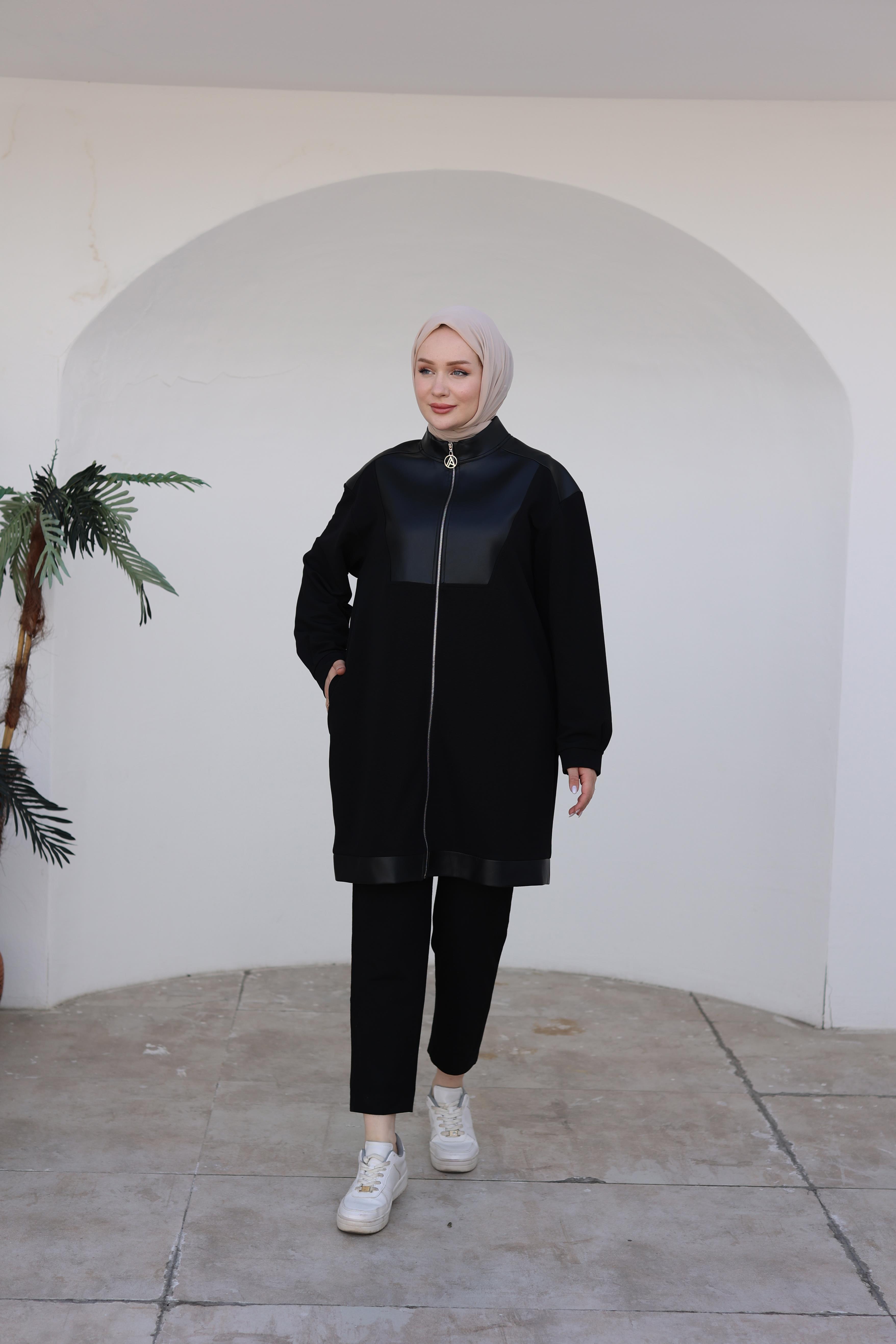 ARMİNE TREND Fermuarlı Deri Detaylı Tunik-Siyah 24KT452