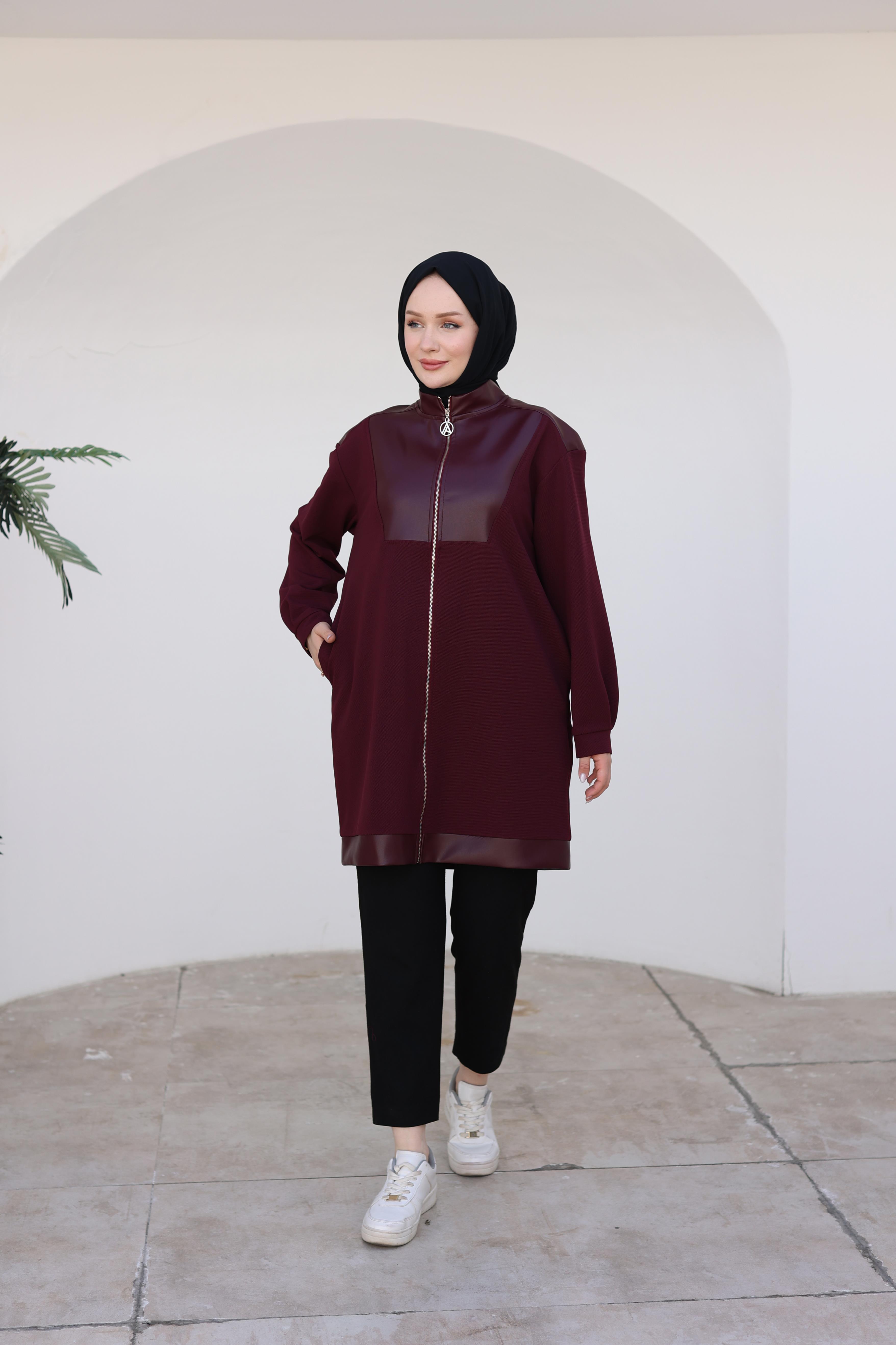 ARMİNE TREND Fermuarlı Deri Detaylı Tunik-Bordo 24KT452