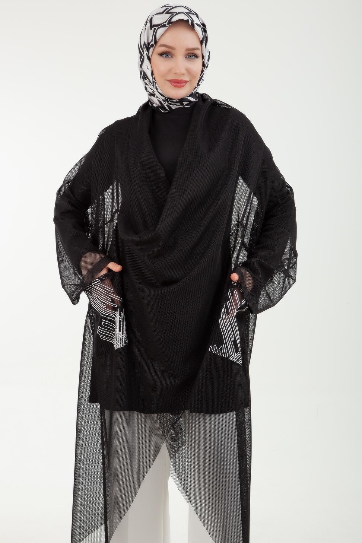 ARMİNE TREND Fileli Salaş Asimetrik Kesim Nakışlı içi Penye İkili Takım Siyah 24YT606