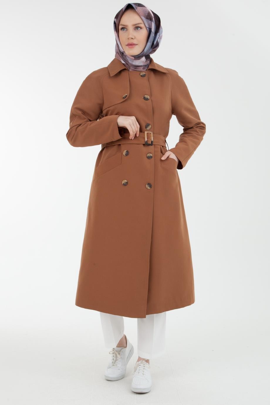 ARMİNE TREND Gabardin Kumaşlı Kruvaze Kapamalı Kemerli Trenchcoat-Camel 22KT736