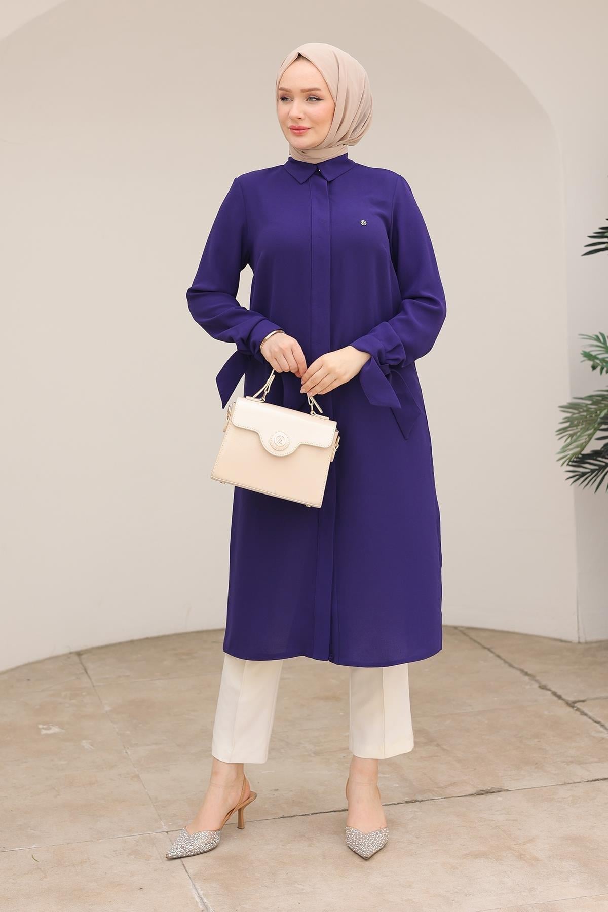 ARMİNE TREND Gizli Düğmeli Gömlek Yakalı Tunik Morcivent 24KT472