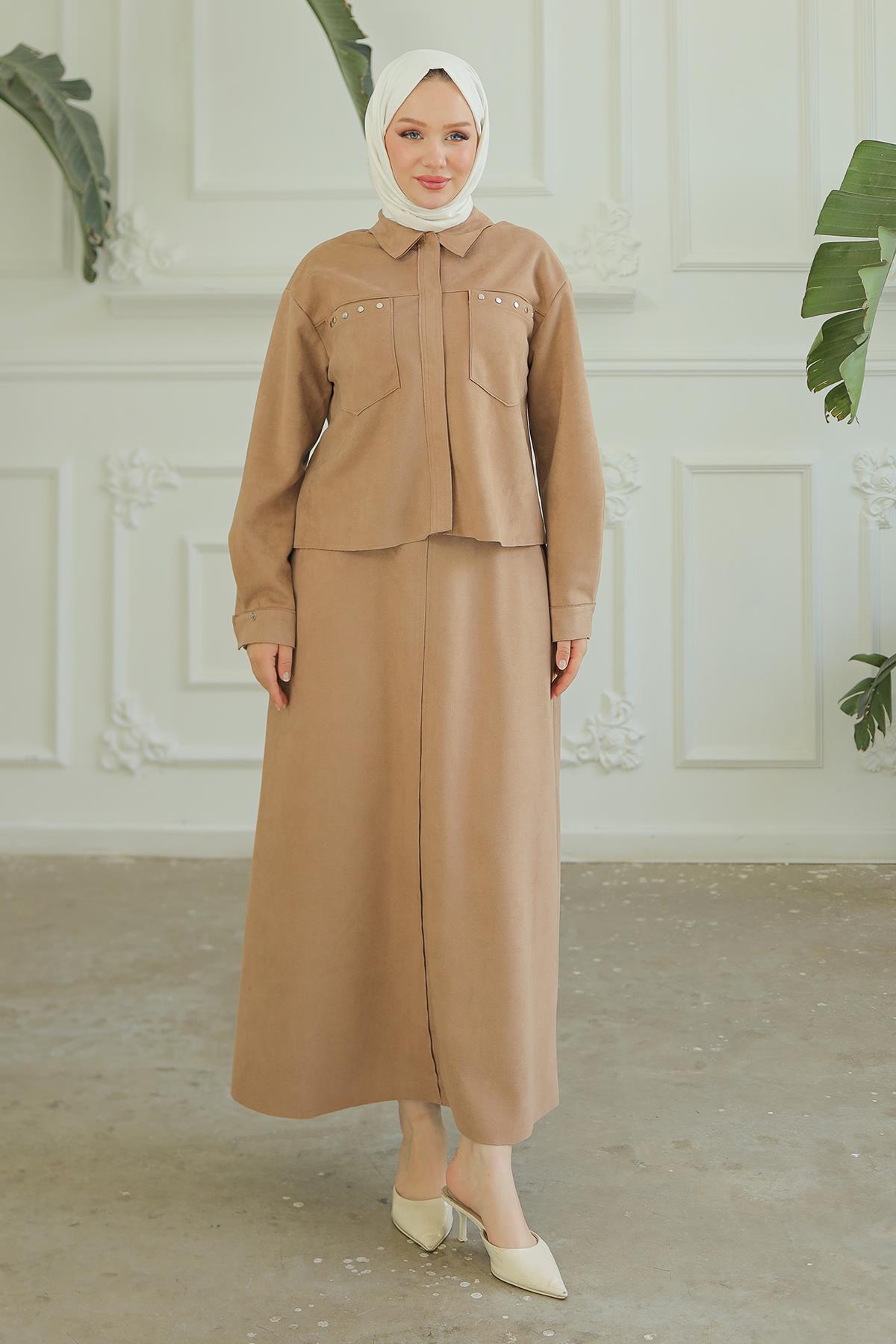 ARMİNE TREND Gizli Fermuarlı Gömlek Yakalı İkili Takım Vizon 24KT604