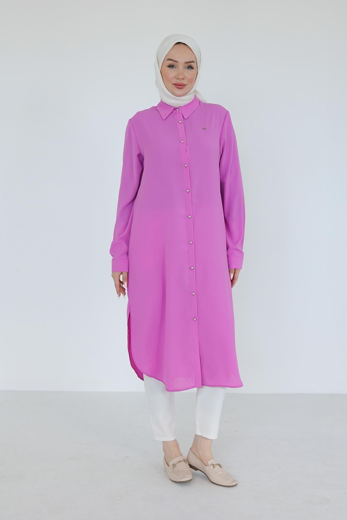 ARMİNE TREND Gömlek Yaka Boydan Düğmeli Tunik-Pembe 25YT448