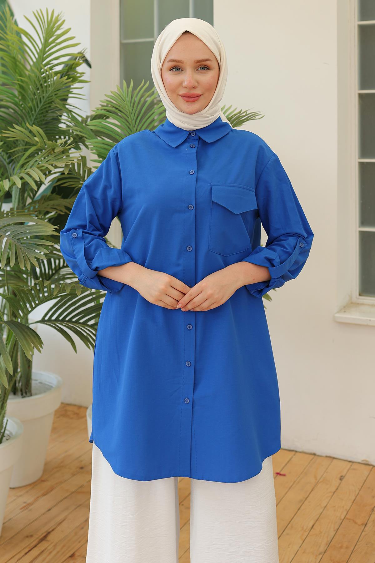 ARMİNE TREND Gömlek Yaka Cepli Tunik Saks 24YT470