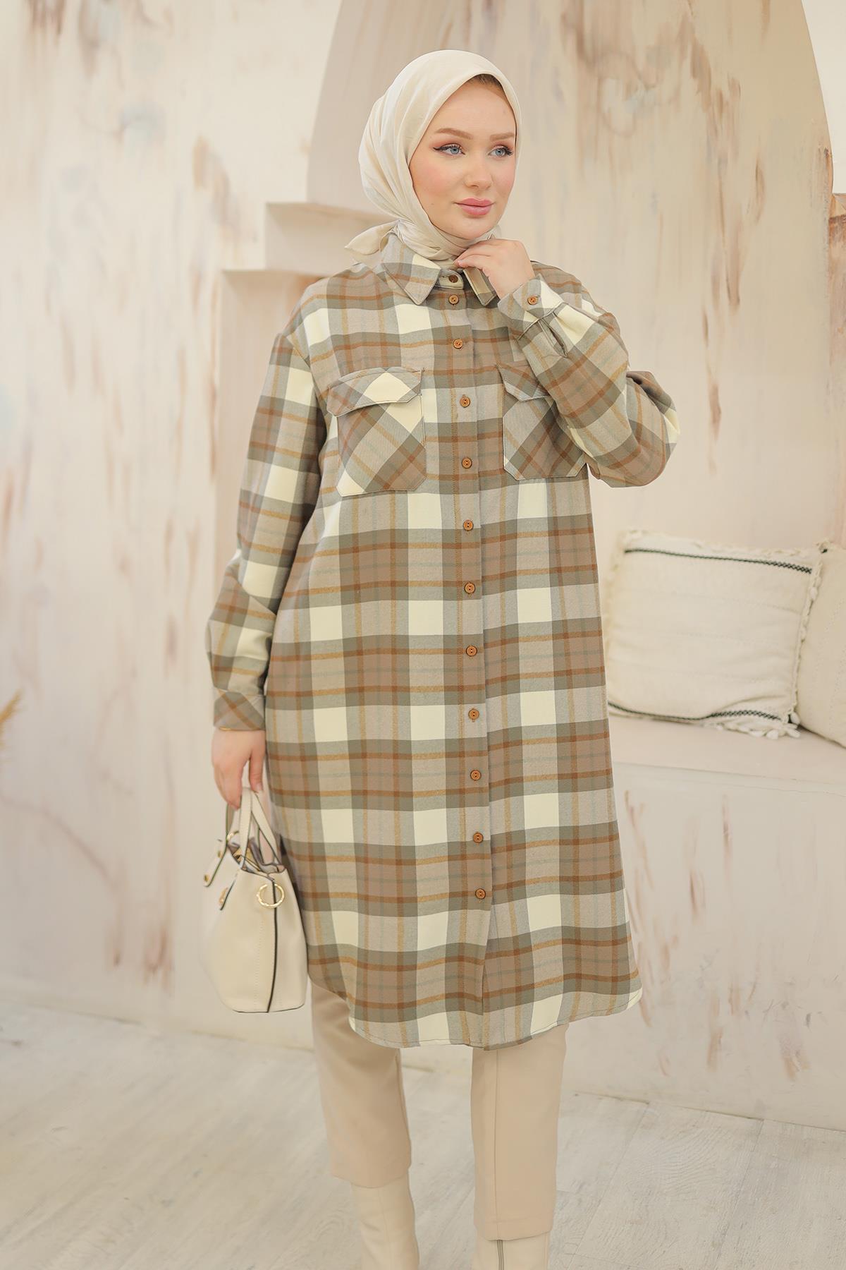 ARMİNE TREND Gömlek Yaka Cepli Tunik Taba 24KT404