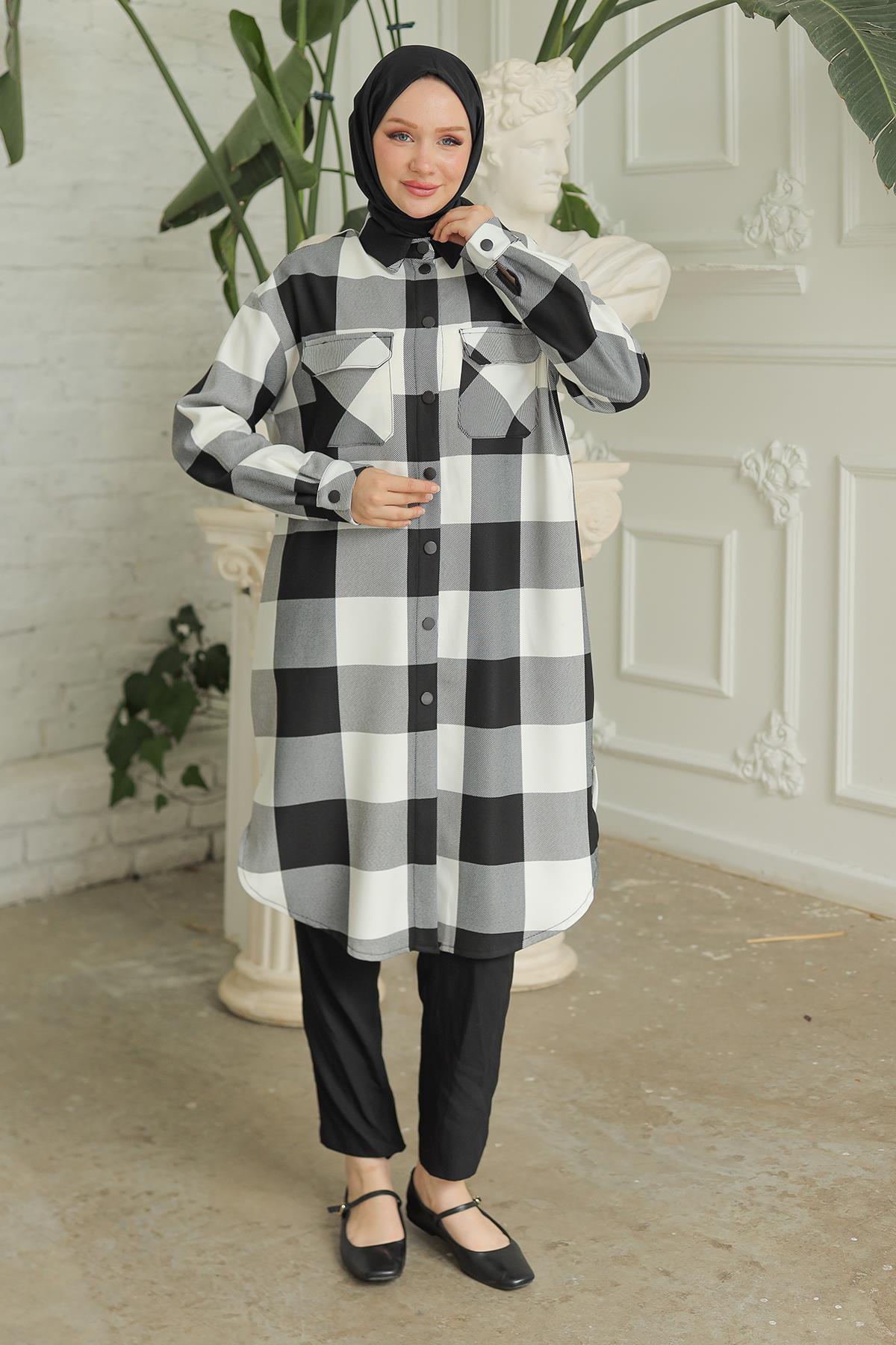 ARMİNE TREND Gömlek Yaka Çıtçıtlı Cepli Tunik Siyah Beyaz Kareli 24KT415
