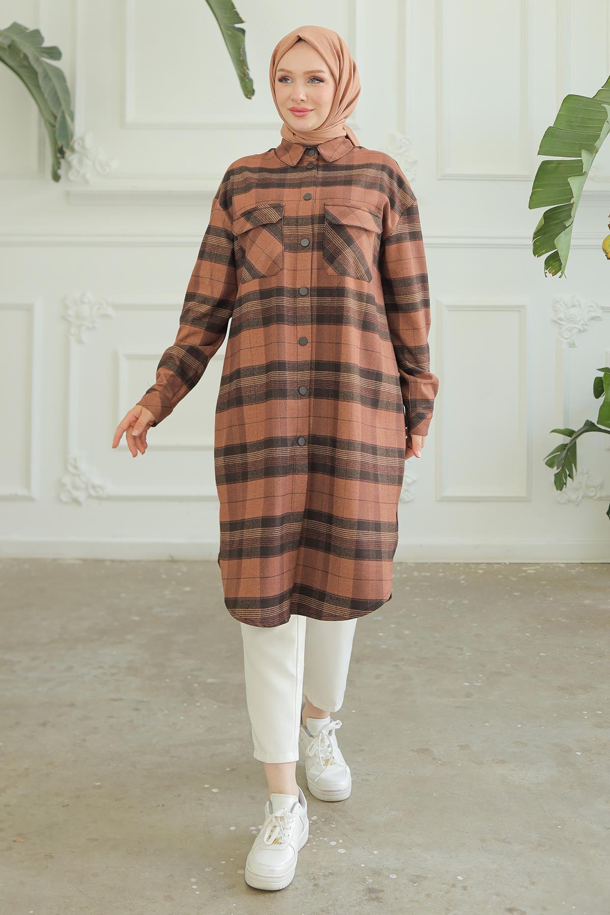 ARMİNE TREND Gömlek Yaka Çıtçıtlı Cepli Tunik Taba 24KT415