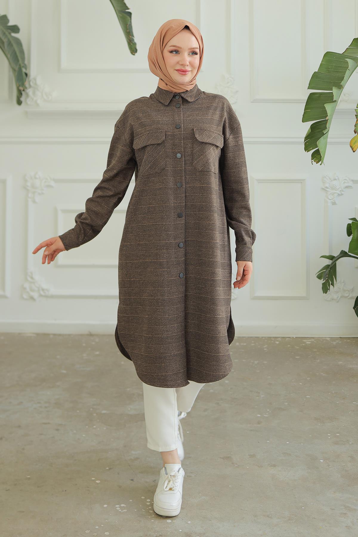 ARMİNE TREND Gömlek Yaka Çıtçıtlı Cepli Tunik Kahverengi 24KT415