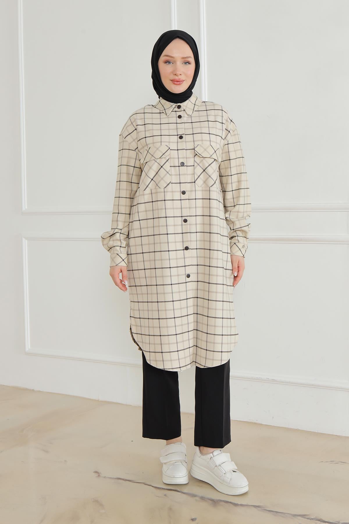 ARMİNE TREND Gömlek Yaka Çıtçıtlı Tunik-Bej 24KT415