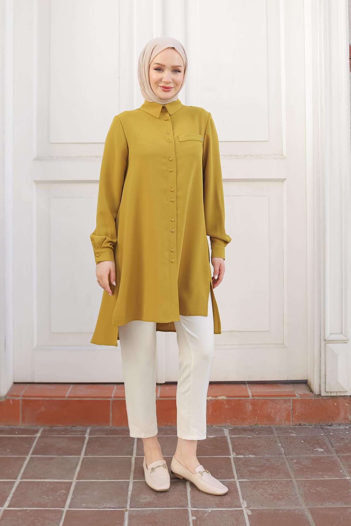 ARMİNE TREND Gömlek Yaka Düğmeli Tunik-Hardal 24KT444