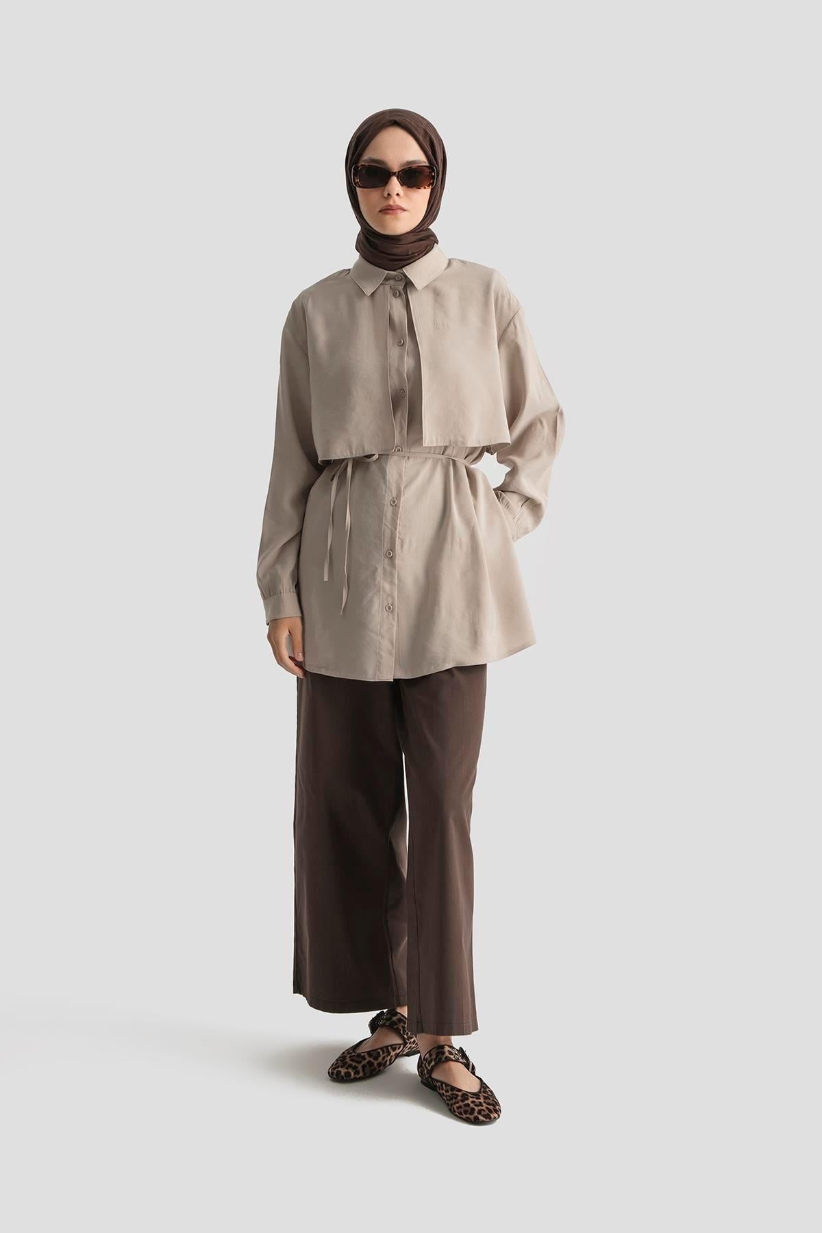 ARMİNE TREND Gömlek Yaka Dümeli Beli Bağlamalı Tunik-Bej 25YT499