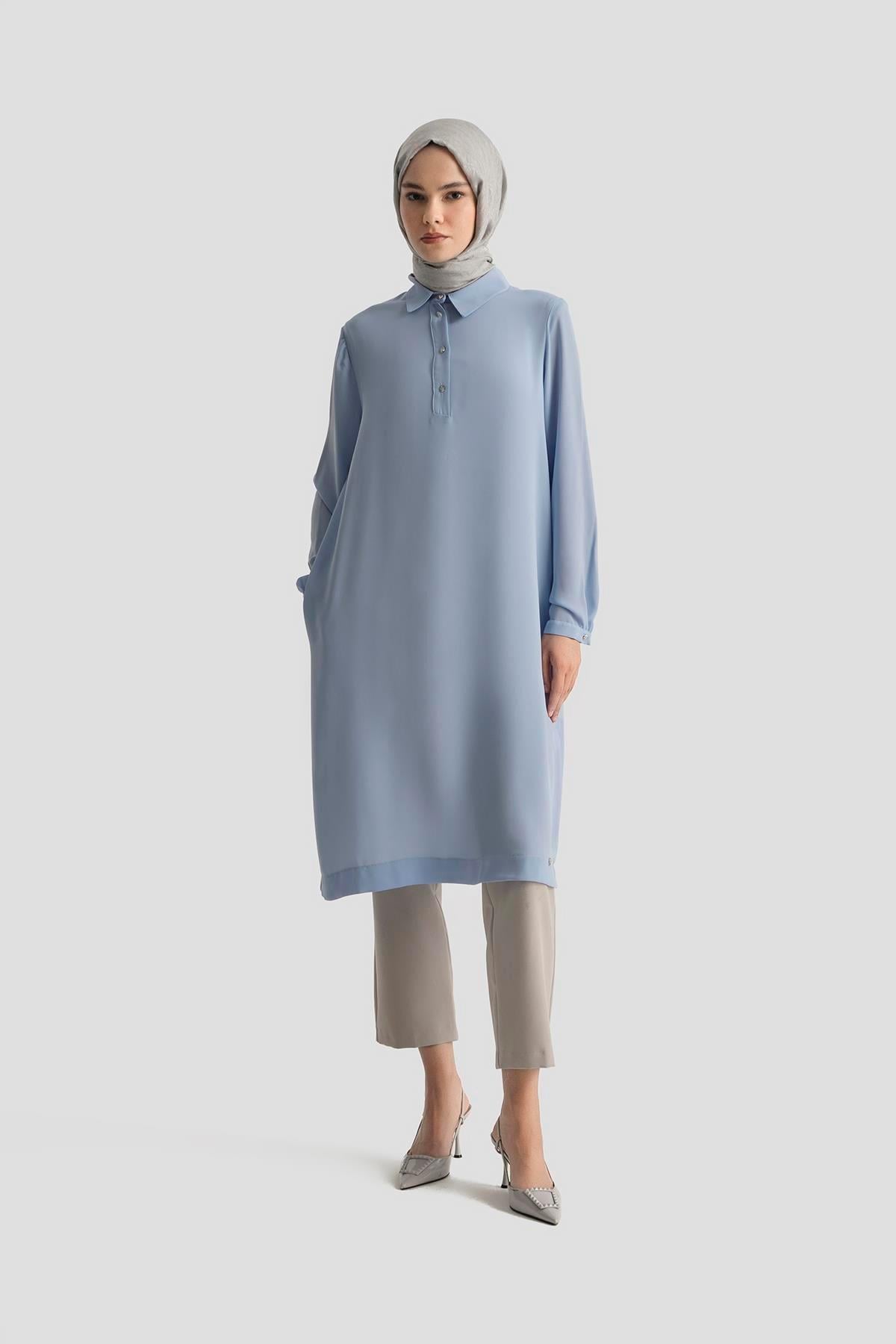 ARMİNE TREND Gömlek Yaka Yakası Düğmeli Tunik-Bebe Mavi 25YT4149