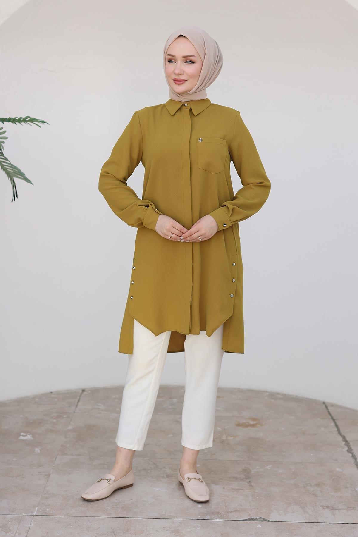 ARMİNE TREND Gömlek Yakalı Gizli Düğmeli Tunik-Hardal 24KT473