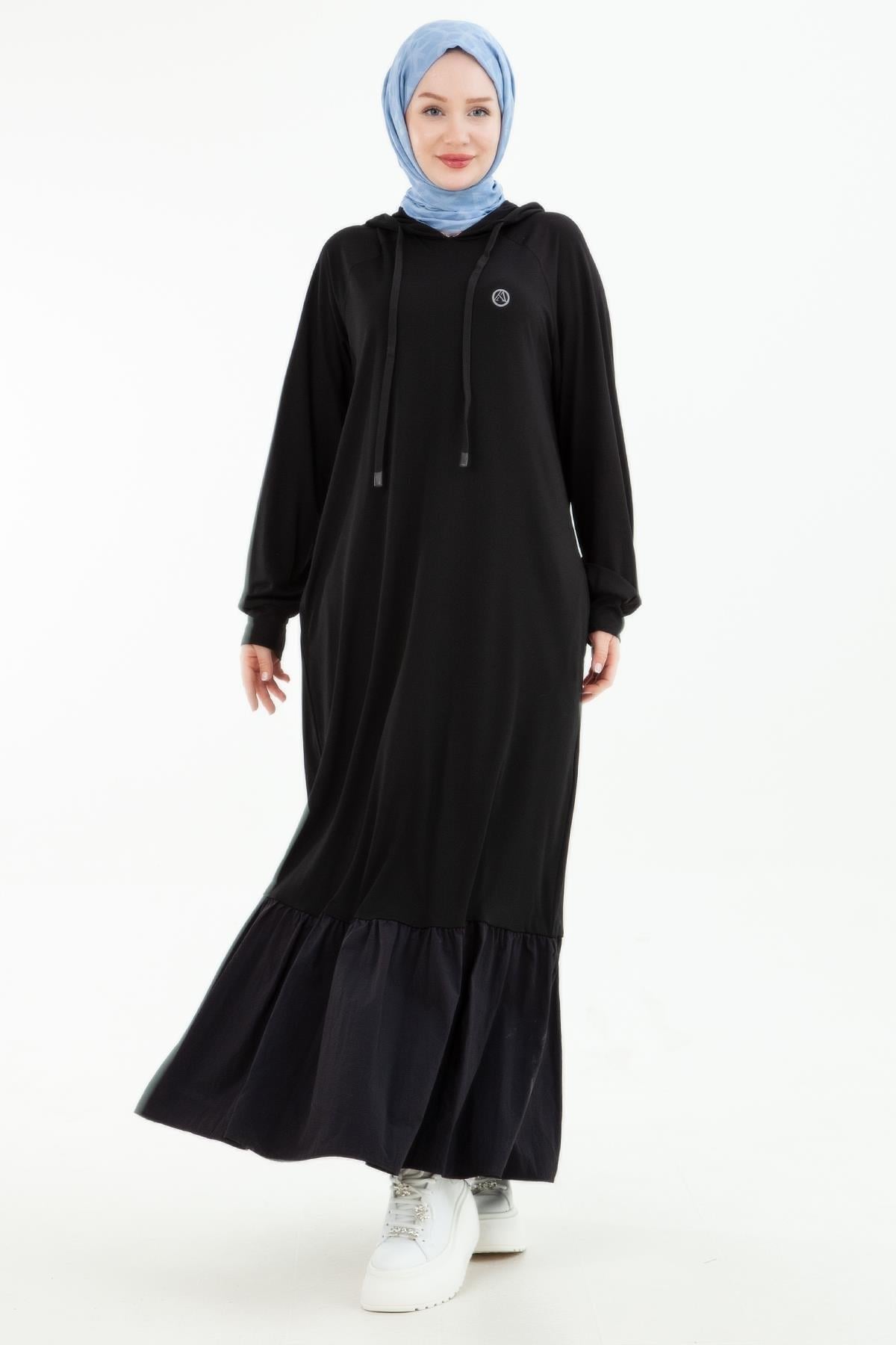 ARMİNE TREND Kapüşonlu Etek Ucu Paraşüt Detaylı Elbise Siyah 24YT903