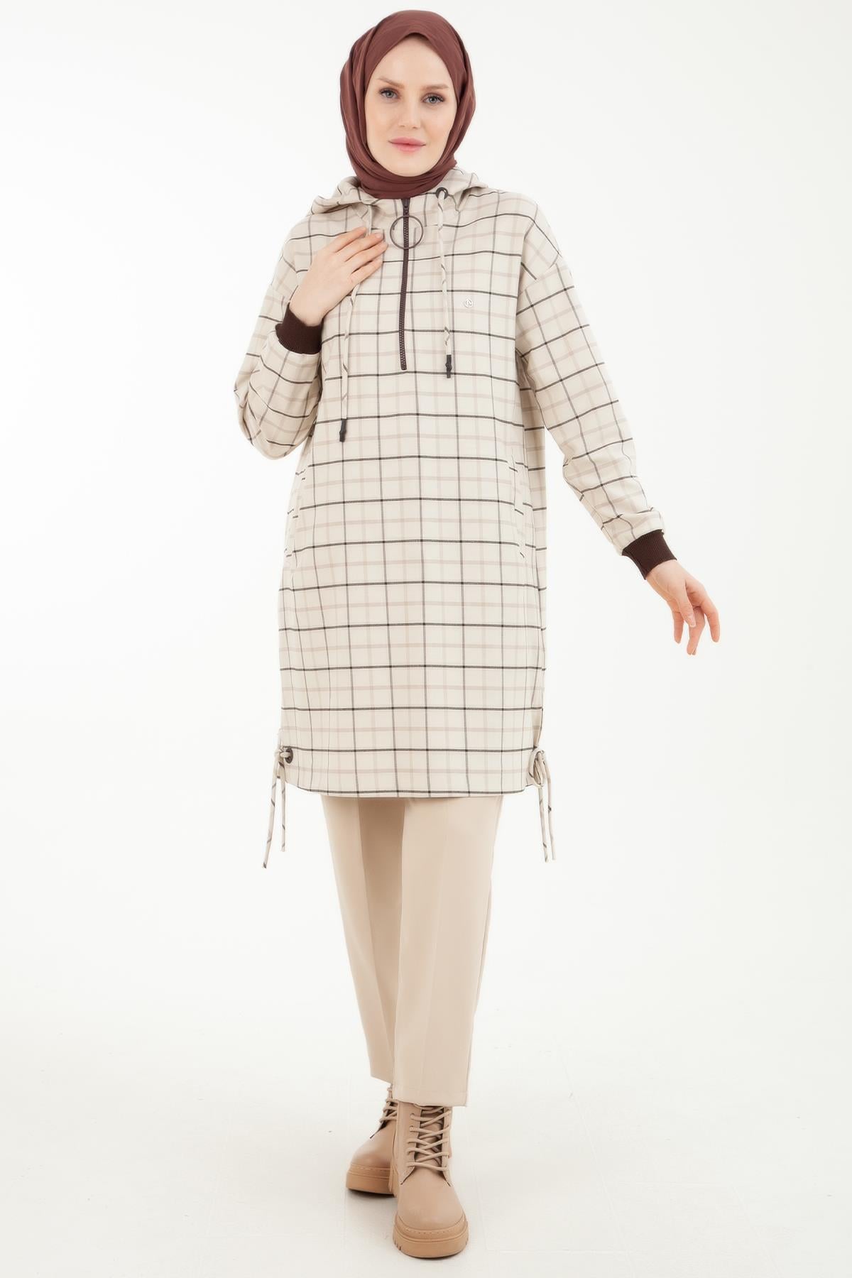 ARMİNE TREND Kapüşonlu Önden Fermuarlı Yanları Cepli Tunik-Bej 23KT450