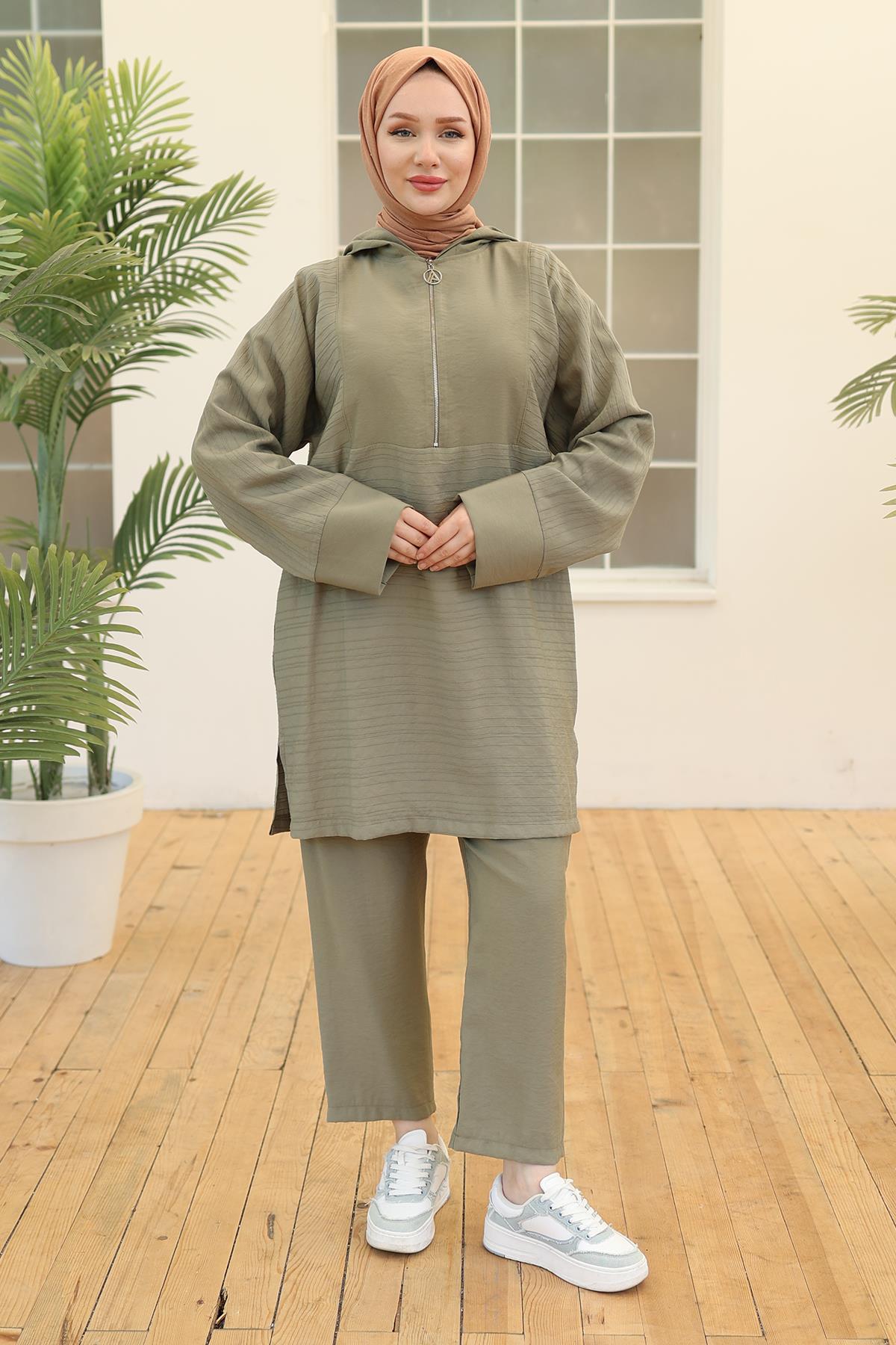 ARMİNE TREND Kapüşonlu Yarım Fermuarlı İkili Takım Haki 24YT673