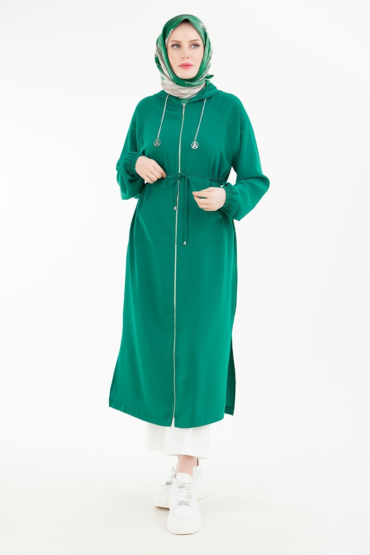 ARMİNE TREND Kapüşonlu Zincir Detaylı Fermuarlı Giy Çık  Haki 24YT762