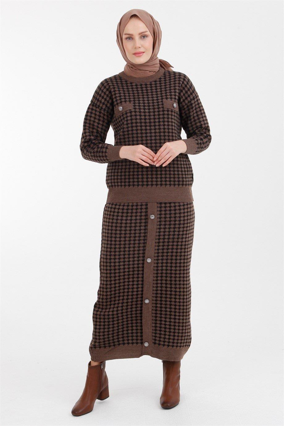 ARMİNE TREND Kaz Ayağı Desenli Düğme Detaylı Takım-Vizon 22KD4214