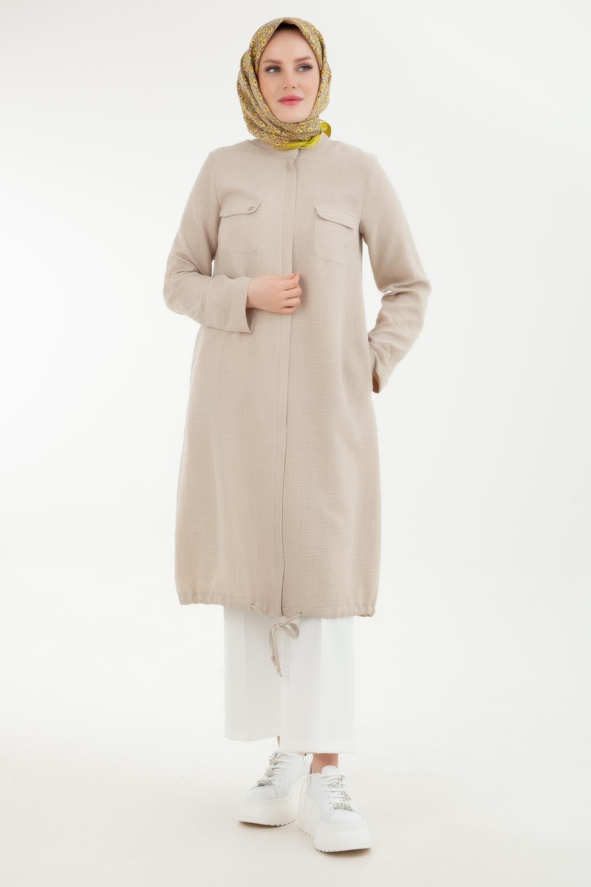 ARMİNE TREND Keten Kumaş Fermuarlı Cep Detaylı Tunik Taş 24YT411