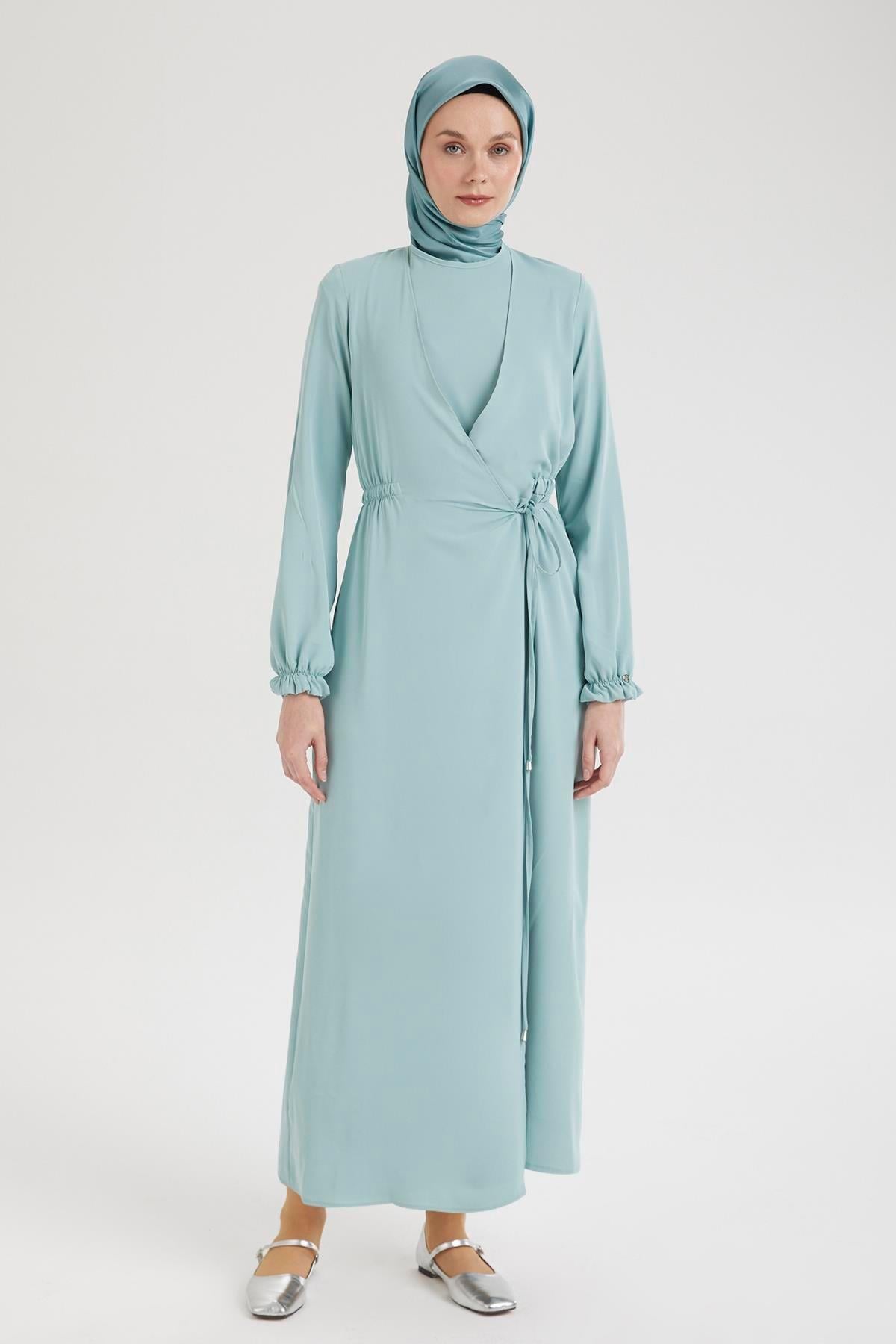 ARMİNE TREND Kolları Lastikli V Yaka Detaylı Elbise-Mint  25YT944