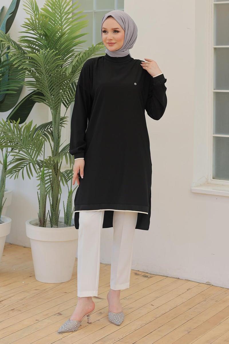 ARMİNE TREND Kolları Ribanalı Arkadan Uzatmalı Basic Tunik-Siyah 25YT449