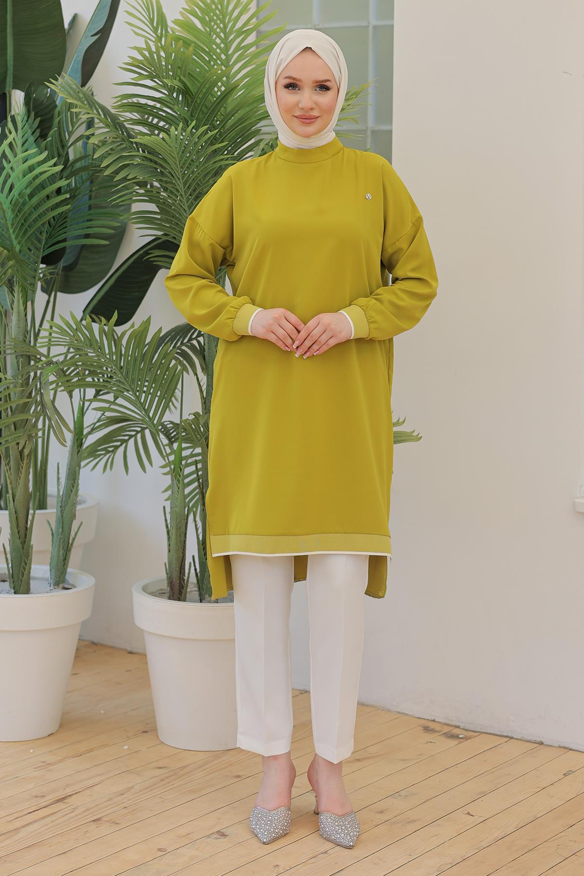 ARMİNE TREND Kolları Ribanalı Arkadan Uzatmalı Basic Tunik-Fıstık Yeşil 25YT449