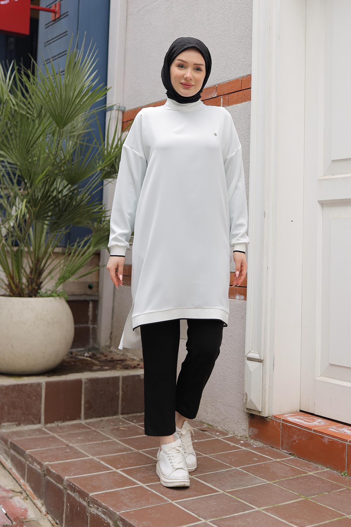 ARMİNE TREND Kolları Ribanalı Arkadan Uzatmalı Basic Tunik-Beyaz 25YT449